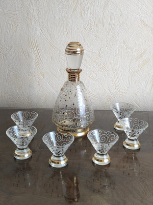 Likörservice Likör-Set 7-teilig Karaffe 6 Gläser Glas handbemalt dekorativ alt
