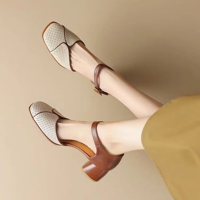 Summer Women Sandals Square Toe High Heels Thick Heel Buckle Strap Pumps Shoes