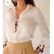 NEW La Fuori Silk Satin Long Sleeve Button down Blouse Embroidered Small Cream 