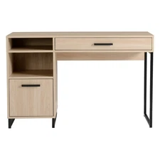 Mainstays Wood & Metal Writing Desk with Drawer and Door, Natural Finish
