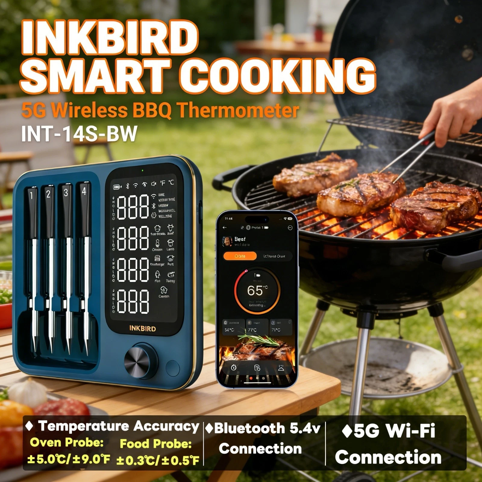 INKBIRD Wireless Meat Thermometer BBQ Grill Food Cooking 5G WiFi Bluetooth 5.4v
Opens in a new windo