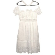 Custom White Sheer Retro Lace Short Sleeve High Neck Feminine Dress