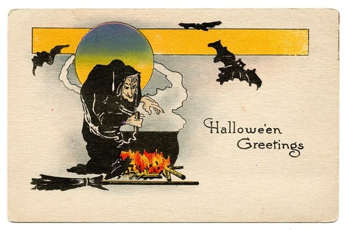 Halloween Postkarte Hexe braut Kessel Fledermäuse - Metropolitan News