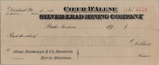 Cheque dividendo en blanco Coeur d'Alene Silver-Lead Mining Co. de la década de 1890 #3242 Butte MT
