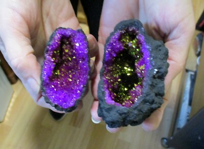 LILA GOLD PAAR QUARZ SELENIT KRISTALL KLEIN 70mm GEODE FRUCHTBARKEIT  