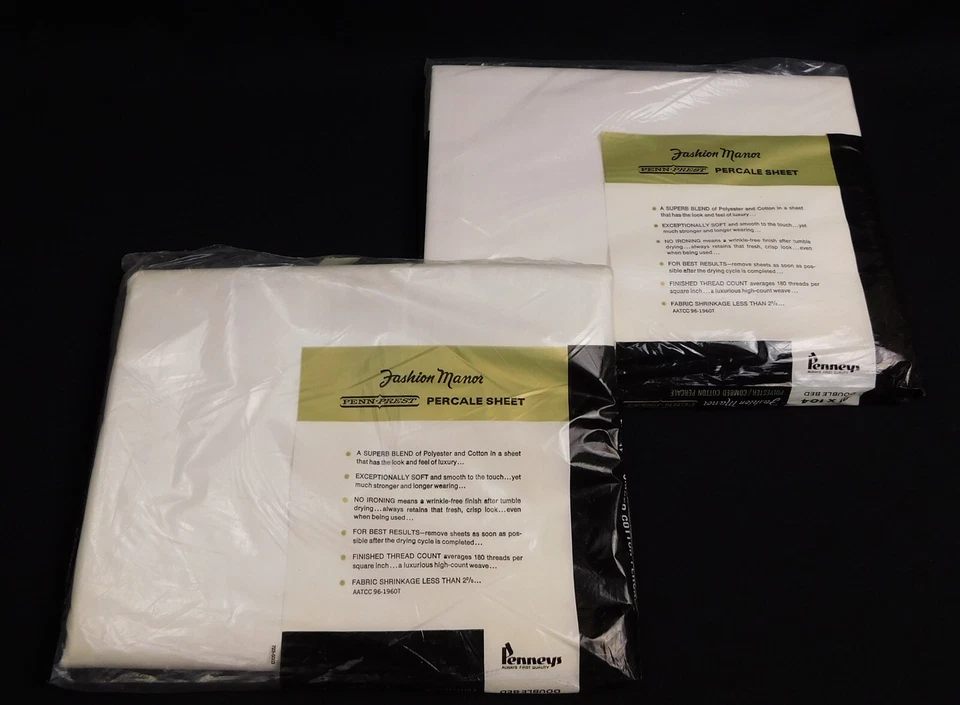 2 NOS Penn-Prest Percale JC Penneys Double Bed Sheet Set Flat 60s Vtg 81 x 104 - Image 4 of 4