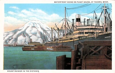 Tacoma Washington Puget Sound Mount Rainier SS Nevada Ship Vtg Postcard H44