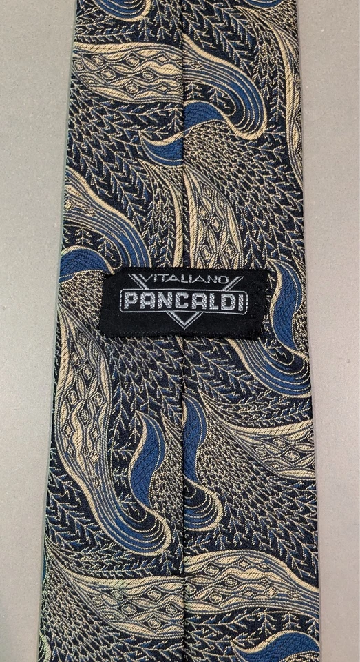 Винтажный шелковый галстук Vitaliano Pancaldi с золотым и синим жаккардовым узором из тонких листьев - Изображение 3 из 4