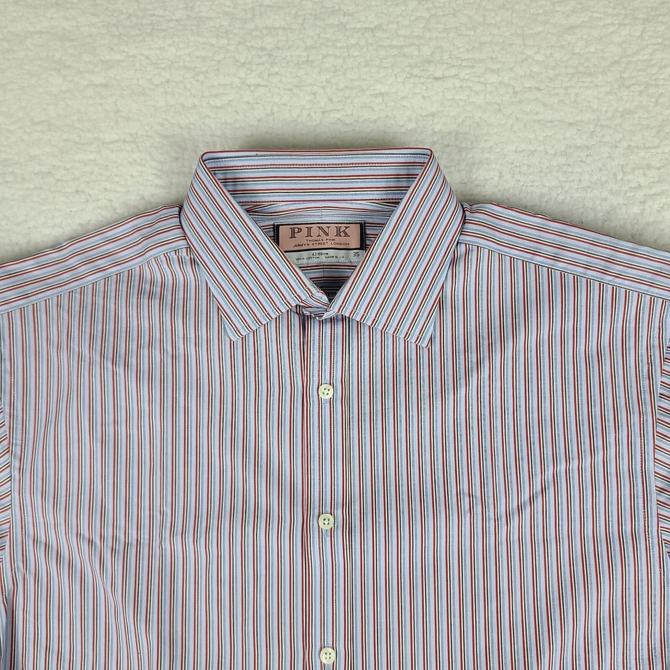 Camisa Thomas Rosa Para Hombres 16.5-35 Azul Rojo Rayas Vestido Abotonado HECHA EN REINO UNIDO * Foto 3 de 4