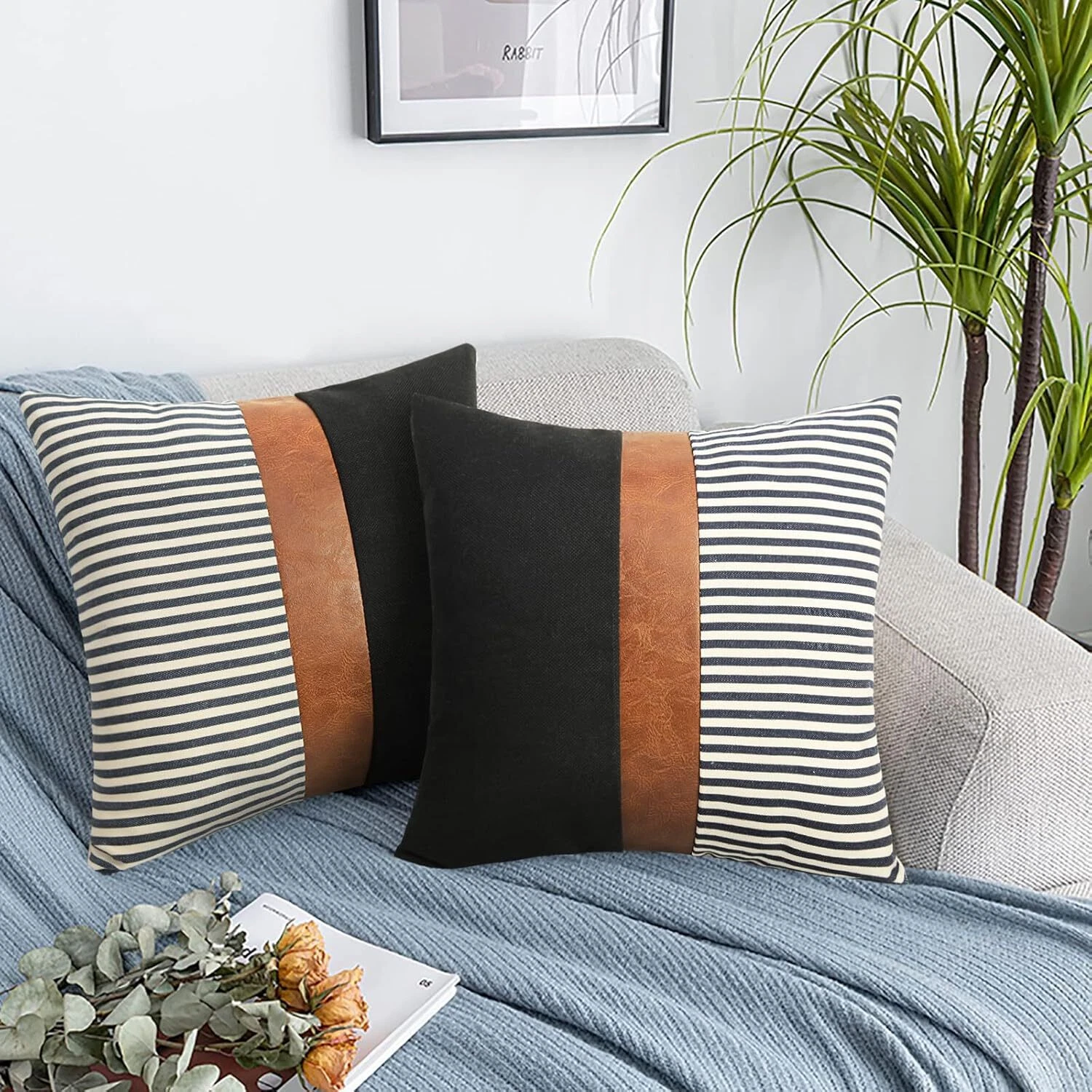 Set of 2 Farmhouse Decor Stripe 18x18 inch Black Linen and Navy Stripe