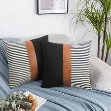  Set of 2 Farmhouse Decor Stripe 18x18 inch Black Linen and Navy Stripe