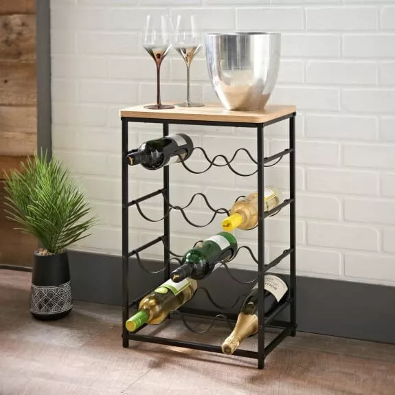 Wine Rack Storage 12 Bottle Holder Display Table Wooden Top Drinks