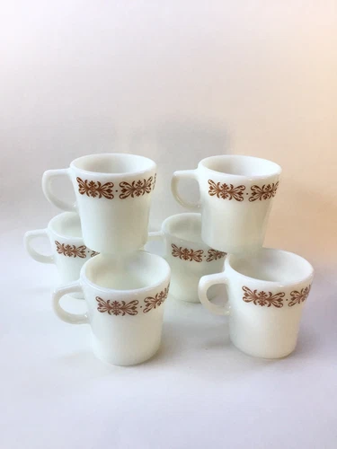 Vintage Pyrex Copper Filigree 6 Piece Coffee Tea Cups Mugs Opal Copper