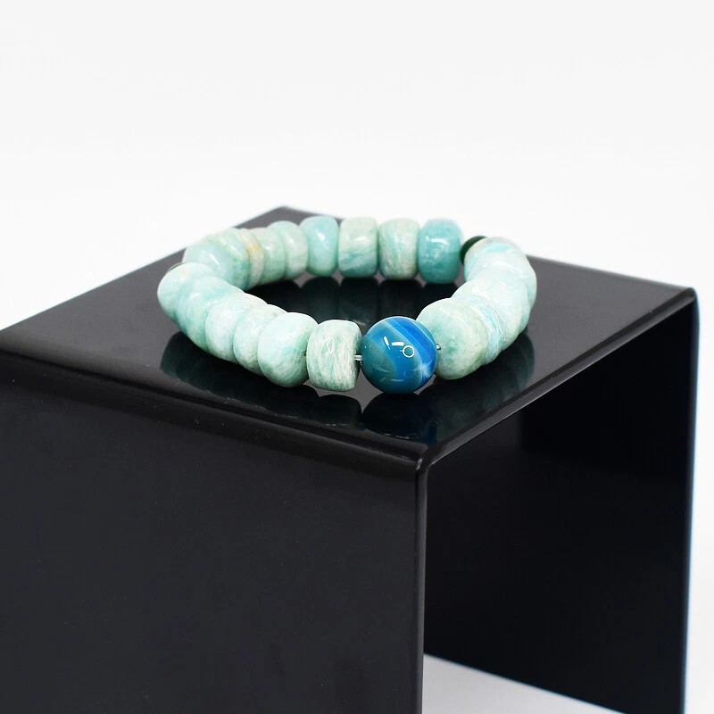 Pulsera elástica 267 quilates cuentas naturales de amazonita y ónix JK-37E341 Foto 3 de 3