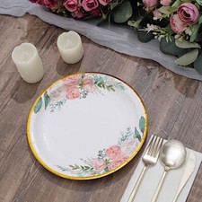 25 WHITE 9" Round Paper PLATES Floral Design Gold Rim Party Events Tableware