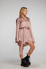 NWT Chaser Stretch Silky Woven Essex Shirt Dress in Mauve $145 msrp Small