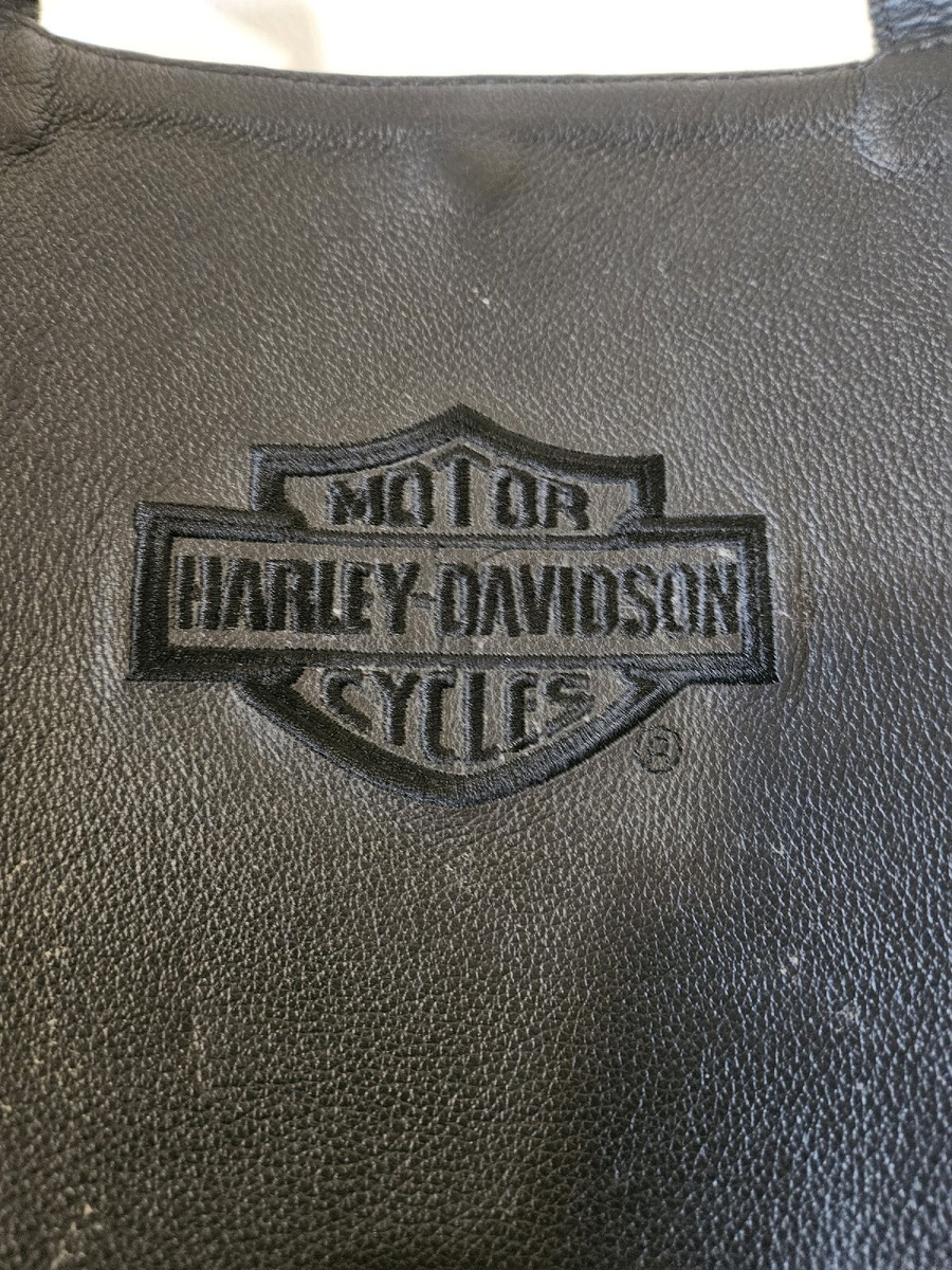 Vintage Harley Davidson Black Leather Shoulder Bag Purse Tote Embroidered  Logo