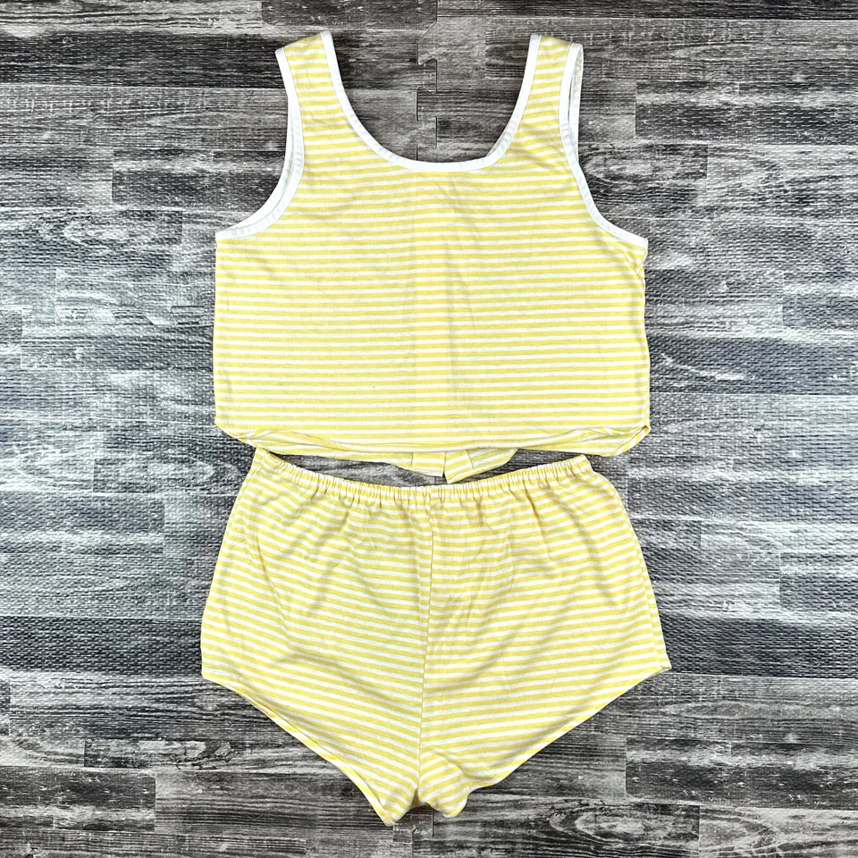 De Colección Jennifer Dale Shortie Conjunto de 2 Piezas Mujer Talla M Mediana Amarillo Rayas Pantalones Cortos Sin Mangas Foto 2 de 4
