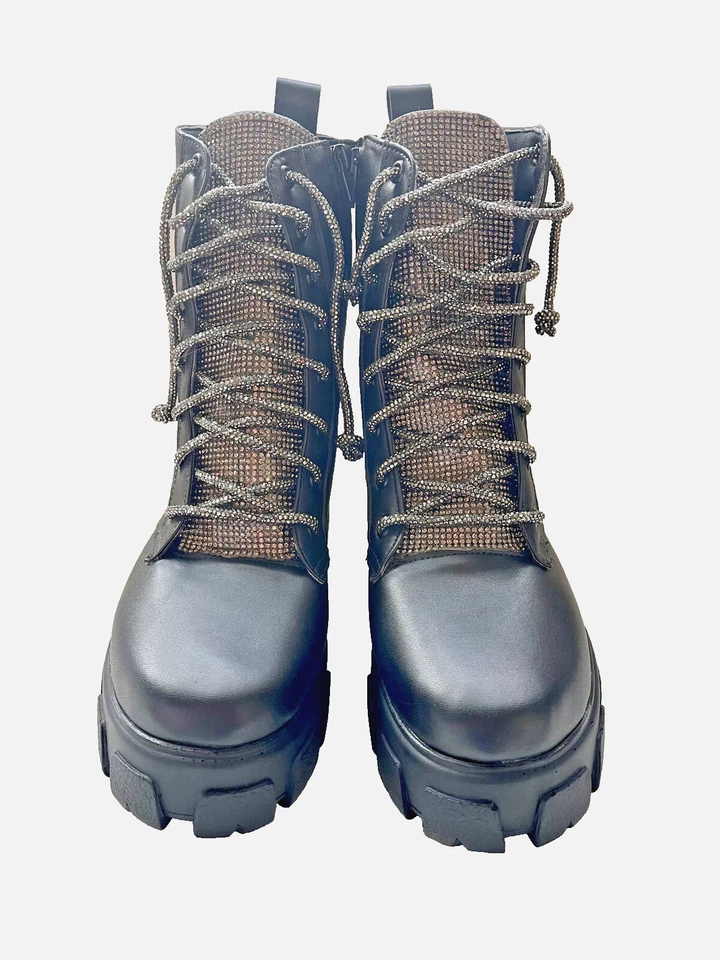 女士黑色水钻时尚战斗靴 — 第 2/4 张图片