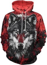 Wolf Face Red Black 3D Print Hoodie Pullover Sweatshirt Unisex Animal Outfit