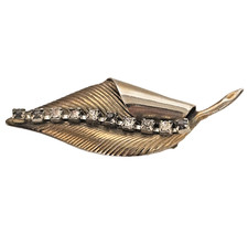 VTG Gold Tone Leaf Hair Clip 10 Rhinestones Texture 3.5" Curled Edge Retro Style