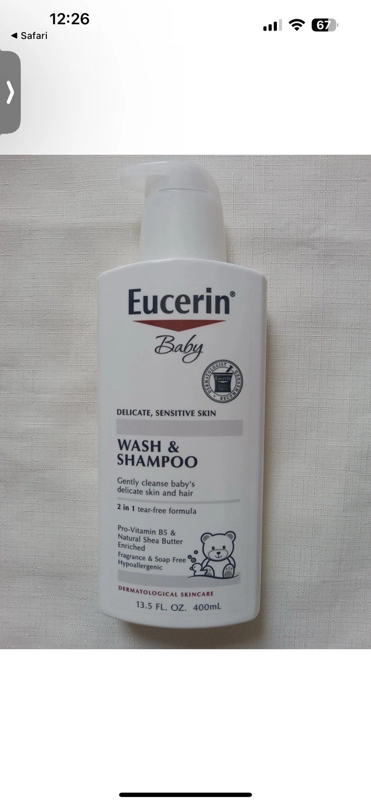 Eucerin Baby Wash & Shampoo Fragrance Free 13.5 Fl oz Tear Free Sensitive Skin