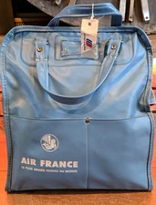 Air France 1960s Vtg Airline Carry On Light Blue Vinyl Overnight Travel Bag 14"h