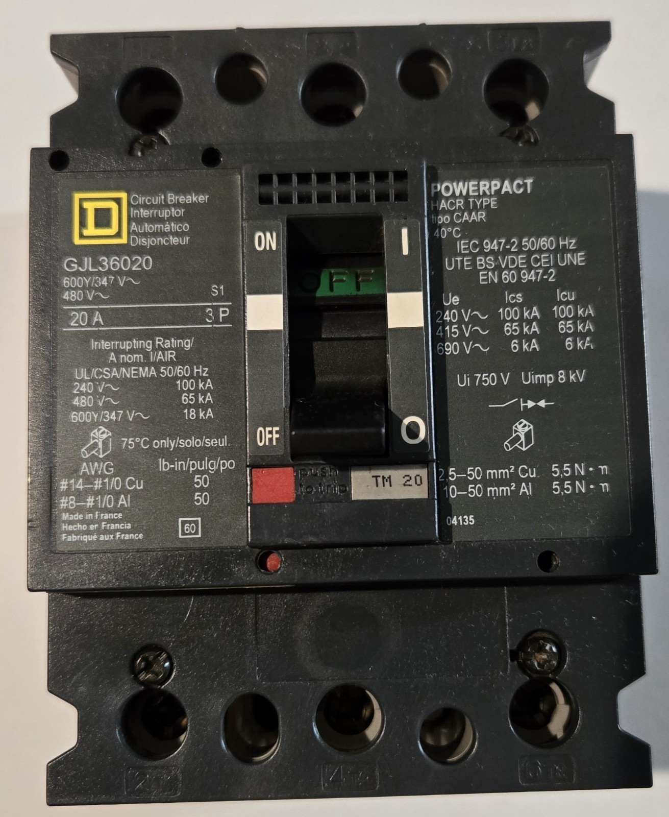 Square D 600V 20A GJL36020 Thermal Magnetic Molded Case Circ