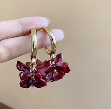 Very Pretty Gold Hoops Pierced Earrings With Dangling Maroon Flowers