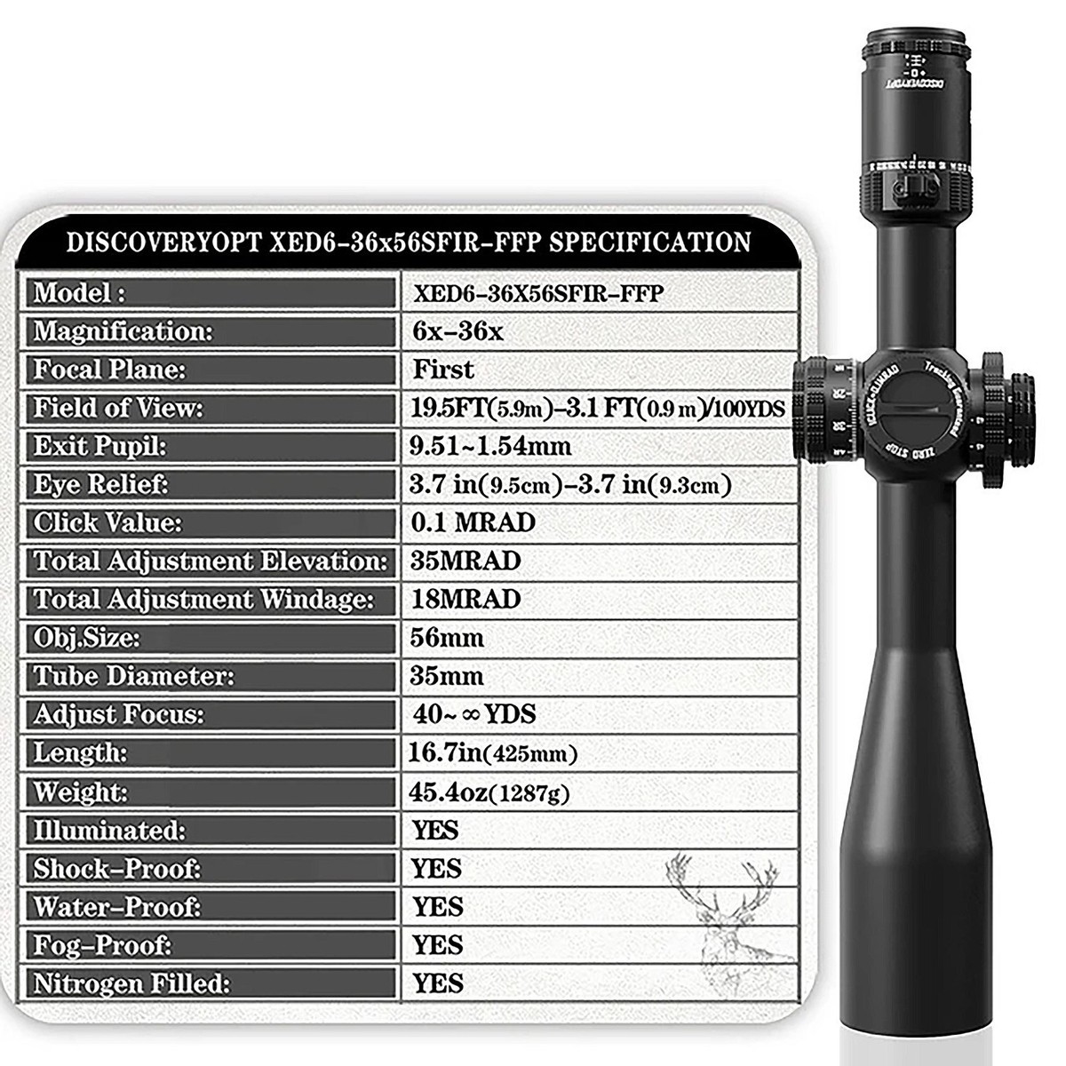 DISCOVERYOPT XED 6-36X56SFIR FFP-MRAD-Z Optics Scope - 35mm Tube