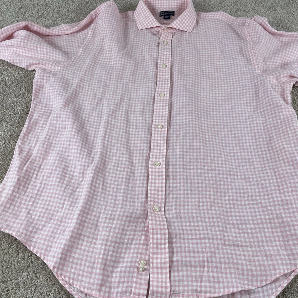 Lands End Baird McNutt Shirt Mens XL Irish Linen Pink Gingham Button Down T573 - Image 3 of 4