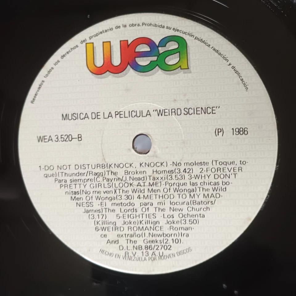 Musica De La Pelicula Weird Science [1986] Vinyl LP Electronic New Wave WEA Rare - Image 4 of 4