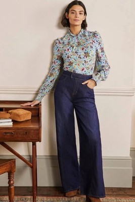 Boden Size 8 NEW Multicolor Floral Smocked Neck Jersey Top Long Sleeve Blouse