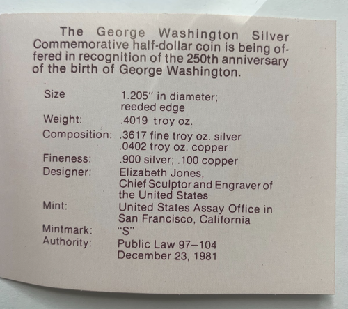 1982-S George Washington Proof Commemorative Half dollar 90% Silver - Free S/H - Picture 5 of 7