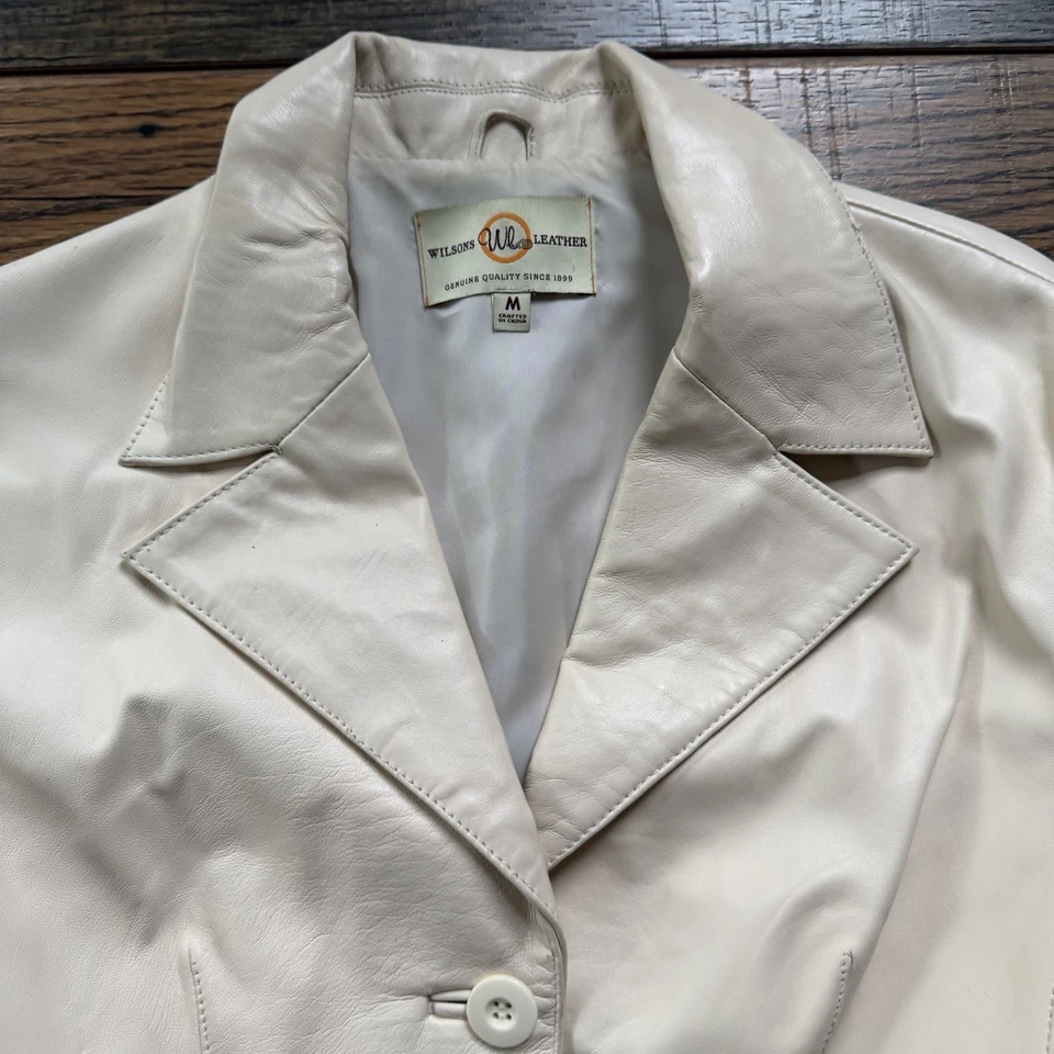 Chaqueta de Cuero Wilsons Vintage Genuino Crema Blazer Estilo Botón Delantero Talla M Foto 4 de 4