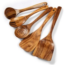 Wood Kitchen Utensils Set, 5 PCs Natural Acacia Wooden Spoons For Cooking for...