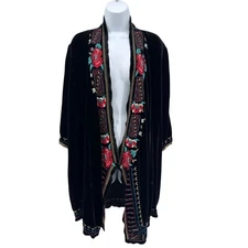 JWLA Johnny Was Black Velvet Embroidered Kimono Jacket Boho Luxe Festival XL