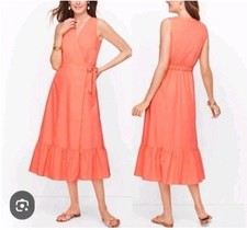 Talbots Petite Coral Orange Cotton Wrap Midi Dress Sleeveless Ruffle Hem Size 4P