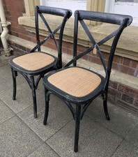 Pair of Rustic Cane Rattan Dining Bistro Chairs Cafe Black Ash Cross Back