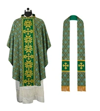 Embroidered Green Gothic Chasuble with Spiritual Cross Detailing-Church Vestment