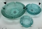 Vintage MCM Anchor Hocking Soreno 3Pc Aquamarine Ashtrays Original Box & Labels