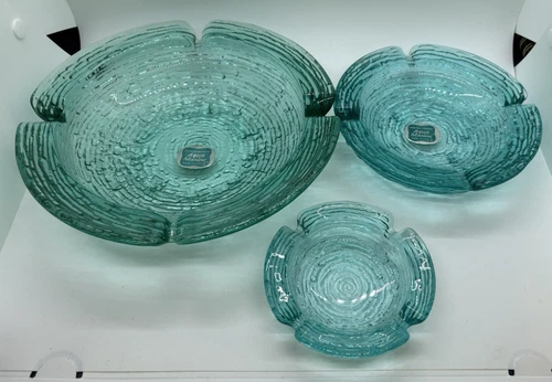 Vintage MCM Anchor Hocking Soreno 3Pc Aquamarine Ashtrays Original Box & Labels