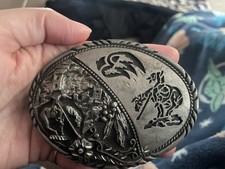 Vintage SSI Metal Handcrafted Belt Buckle Horses Indian Nature Wildlife Made USA