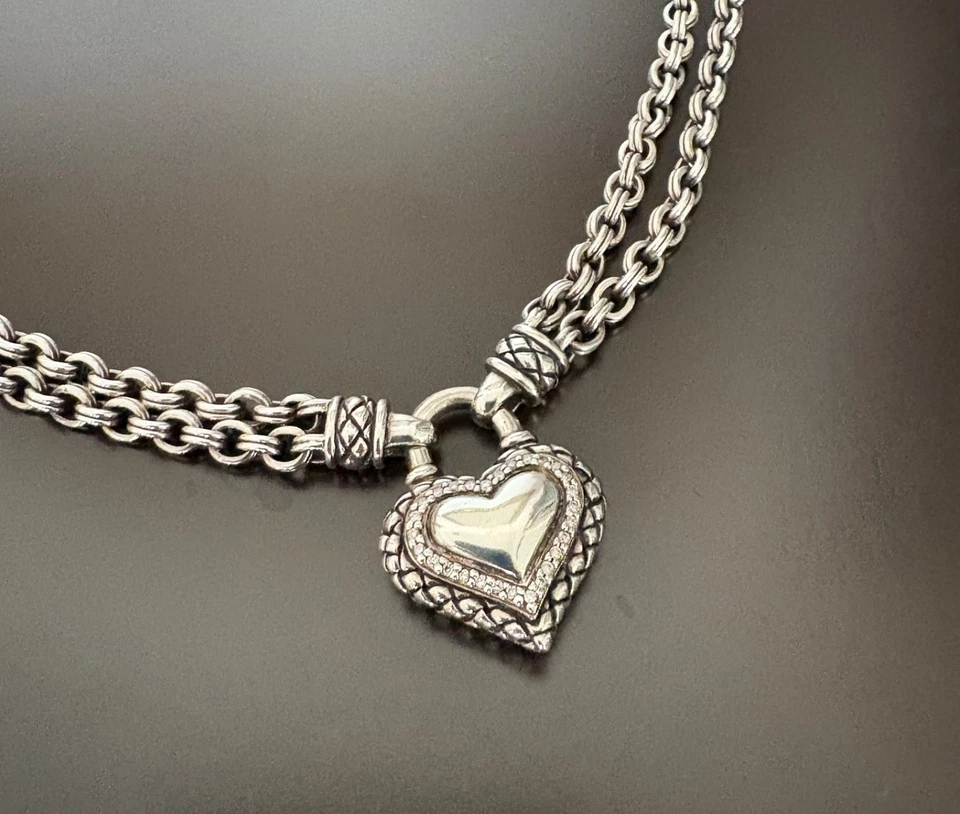 Scott Kay 925 Sterling Silver Heart Diamond SOLID Double Chain Necklace 18” RARE - Image 3 of 4