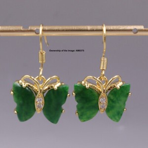 Authentic Gold Plated Women's Butterfly Green Jade Dangle Earrings Drop Hook 28mm H