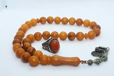 Silver Men's Ring Agate Stone Aqeeq Middle Eastern Yemeni , Misbaha Prayer Beads