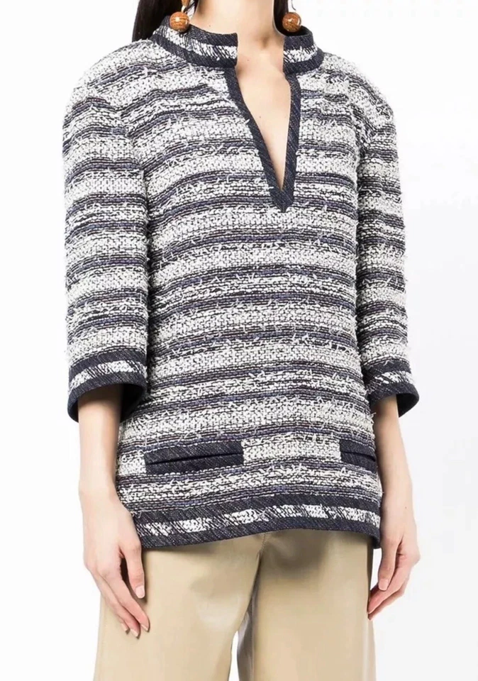 Auténtica Blusa Top CHANEL Azul Marino Blanco Rayas Tweed Ojo de Cerradura Bolsillo Foto 3 de 4