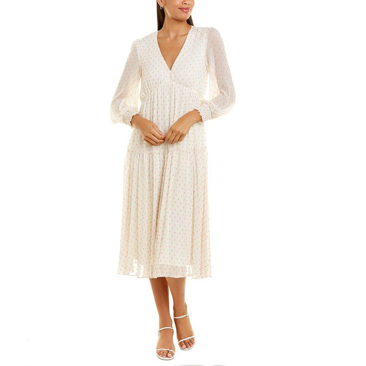 Maison Tara Size 16 Ivory Pink Clip Dot Midi Dress Long Sleeve V Neck  Cottage B6