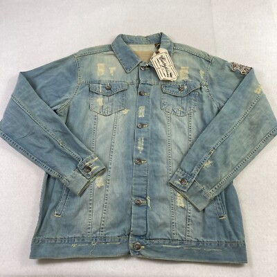 Vintage Escapism Denim Jacket Mens 2XL Blue Denim Distressed Grunge Hip Hop Y2K
