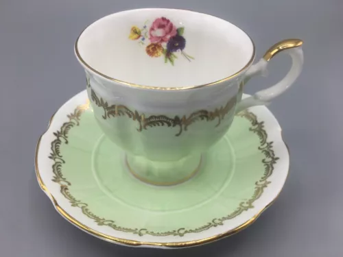 Crown Staffordshire Bone China Footed Teacup & Saucer Green Floral England Vtg